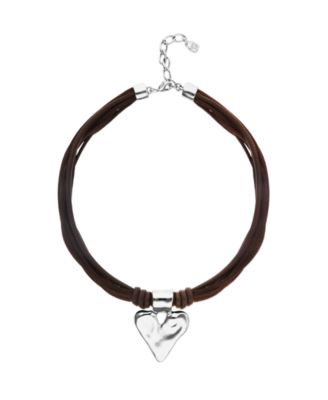 Mixed Dark Brown Silk And Leather Thread Necklace with Sterling Silver Heart Detail