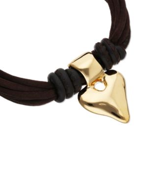 Bracelet with Mix of Silk Effect And Leather Beige Thread And 18K Gold Heart Detail