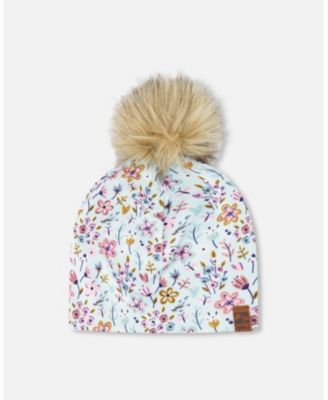 Baby Girls Stretch Jersey Hat Blue Mini Flower Print with Pompom