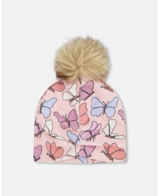 Girl Stretch Jersey Hat Pink Printed Butterflies with Pompom