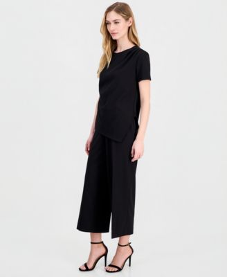 Women's Draped-Front Short-Sleeve Top & Cropped Wide-Leg Pants