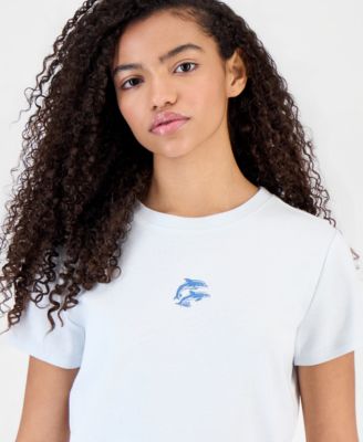 Juniors' Dolphin Embroidered Crewneck T-Shirt 