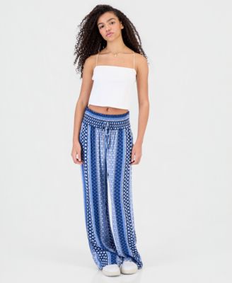Juniors' Printed Smocked Wide-Leg Pants