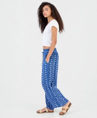 Juniors' High-Rise Wide-Leg Smock-Waist Pants