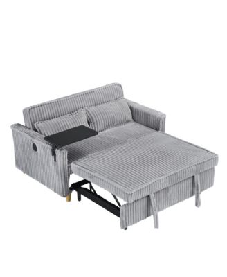 Pull-out Gray Corduroy Sofa with Dual Functions and USB Ports