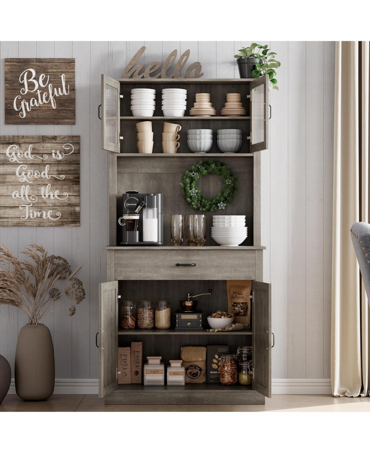 gaomon Kitchen Pantry Cabinet with Microwave Stand, 71”Freestanding Tall Kitchen Cabinet with Doors and Shelves for Dining Room