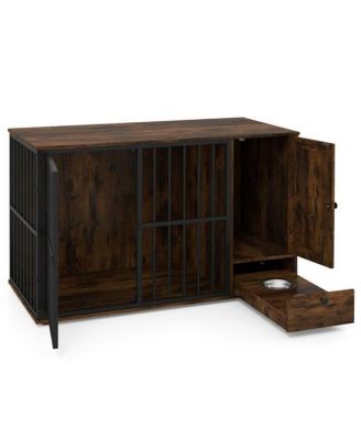 Space-Saving Dog Crate End Table, 2-in-1 Furniture with Hidden Pull-Out Food Bowls & Durable Chew-Proof Frame