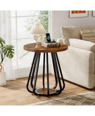 Small Round Side Table, 2-Tier Sofa End Table with Metal Frame and Lower Shelf, Wooden Bedside Nightstand, Vintage Brown & Black