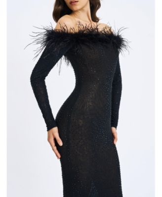 Women's Emberly Black Fur Trimmed Off-Shoulder Rhinestone Mermaid Maxi Dress
