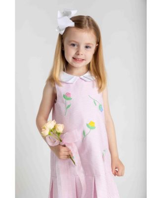 Little Girls Stripe Pique Dress With Tulips
