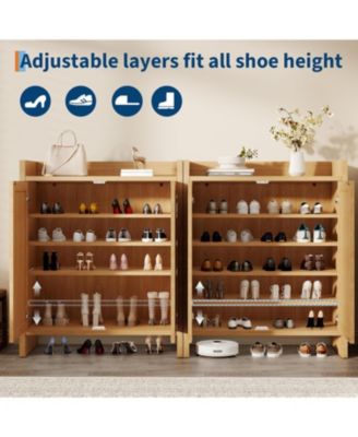 Entryway Rattan Shoe Cabinet, Wooden Shoe Storage with Adjustable Shelves and Guardrail Top, Freestanding Hallway Shoe Rack