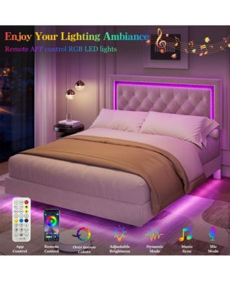 Floating Bed Frame Size with Smart Led Lights, Upholstered Platform Bed with Diamond Headboard, Solid Wood Slats Support, No Box Spring Needed
