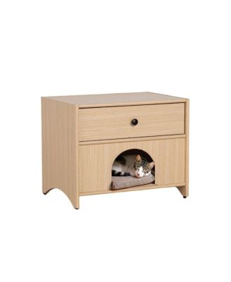 Mid-Century Modern Accent Table with Drawer, Natural Finish Pet Furniture
