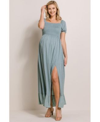 Maternity Smocked Swiss Dot Maxi Dress with Side Slit