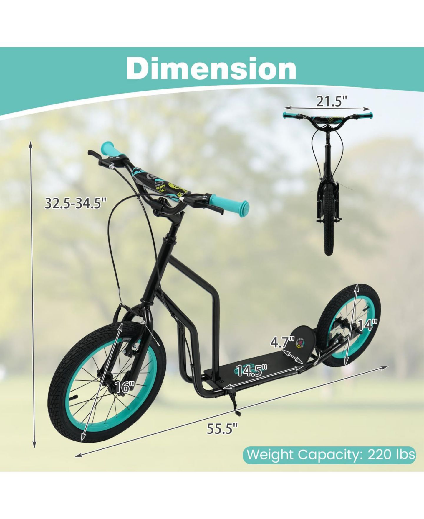 Детская игрушка Mecale Youth Scooter with Adjustable Handlebar and 16/14-Inch Inflatable Wheels, цвет: Чёрный — фото 3