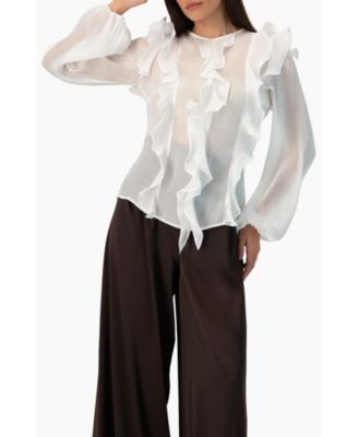 Ivonne Women's Long Sleeve Sheer Blouse with Ruffle Detail