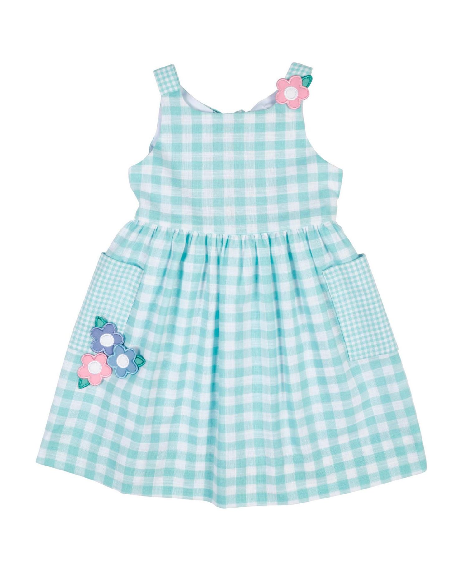 Little Girl Gingham Linen Look Dress With Flowers
