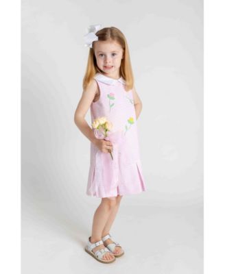 Big Girls Stripe Pique Dress With Tulips