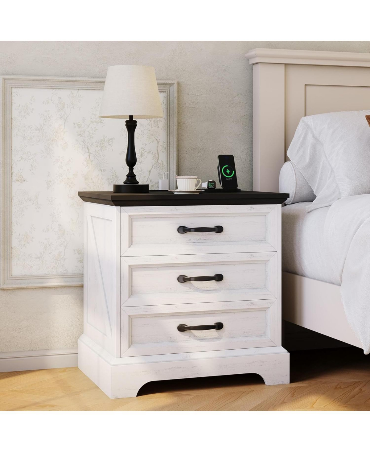 gaomon Modern Farmhouse Wood Nightstand Set of 2 with Charging Station & 3 Large Drawers