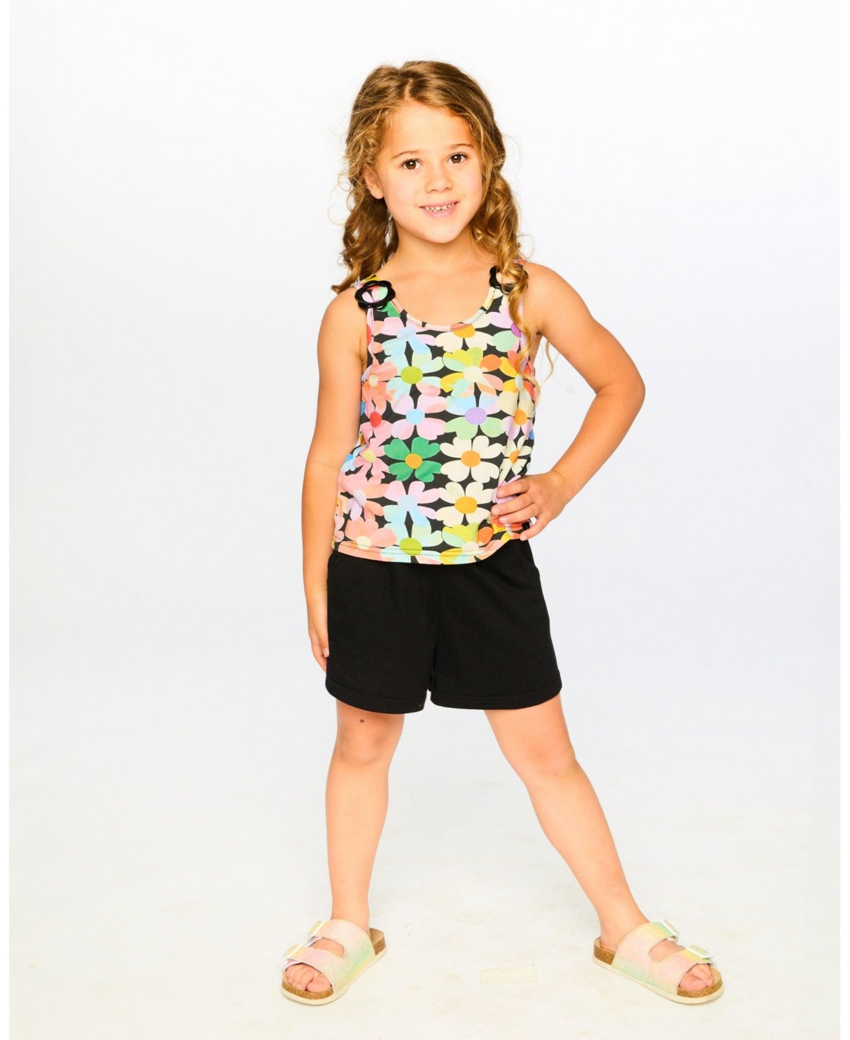 Deux par Girl Sleeveless Jersey Jumpsuit Black Printed Flowers - Child