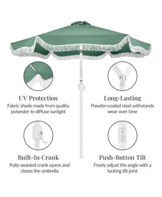 9ft Fringe Market Umbrella - Boho Patio Sunshade w/ Tilt, UPF50+, Steel Pole for Table, Pool, Deck