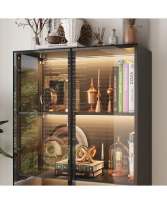 Display Cabinet with 2 Glass Doors and Lights, 4-Tier Storage Shelves and 2 Drawers