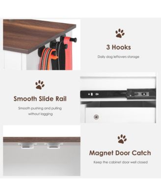 Dog Feeding Station Cabinet with Pull-Out Bowls, Double Doors, and Side Hooks, White