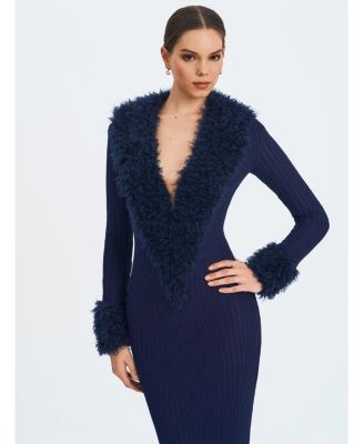 Women's Romina Navy Plunging Fur Trimmed Crochet Maxi Dress