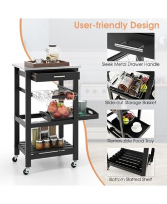 Kitchen Island Cart with Stainless Steel Top and Storage Basket, Rolling Trolley