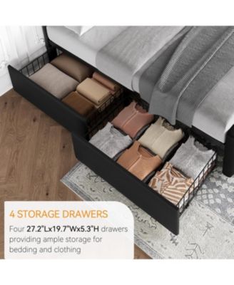 Queen Size Bed Frame with 4 Storage Drawers and Linen Upholstered Headboard,Button Tufted Design, No Box Spring Needed, Dark