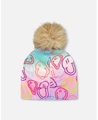 Girl Stretch Jersey Hat Multicolored Printed Smileys with Pompom - Toddler|Child