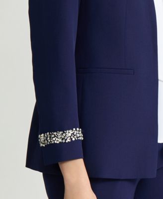 Women's Stretch Crepe Collarless Embellished Bracelet-Sleeve Jacket