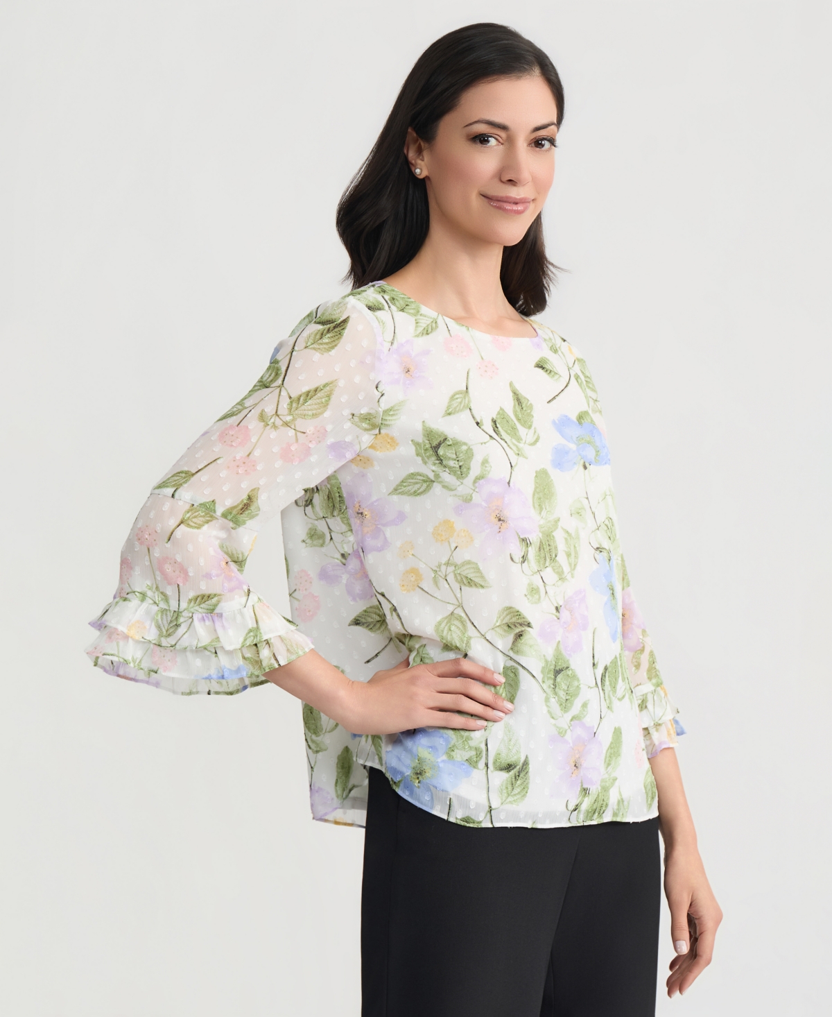 Clip Dot Flroal Print Ruffle Sleeve Blouse
