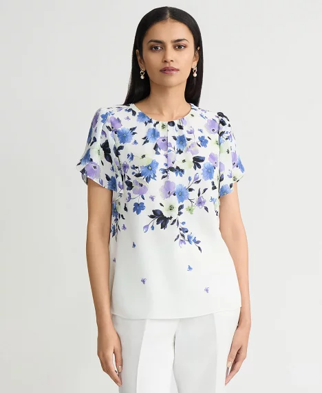 Women's Tulip Sleeves Crewneck Top, Regular & Petite - Lily White Multi