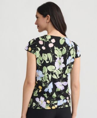 Women's Cowl-Neck Cap-Sleeve Floral Top