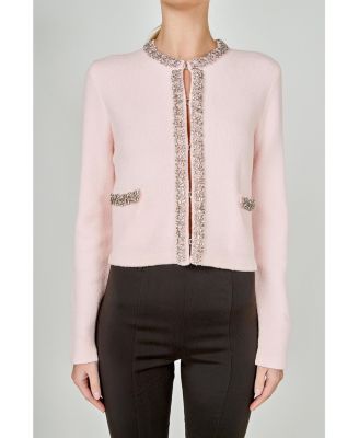 Women's Boucle Knit Jewel Trim Sweater Cardigan