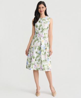 Women's Floral Print Dupioni Pleated Sleeveless Dress