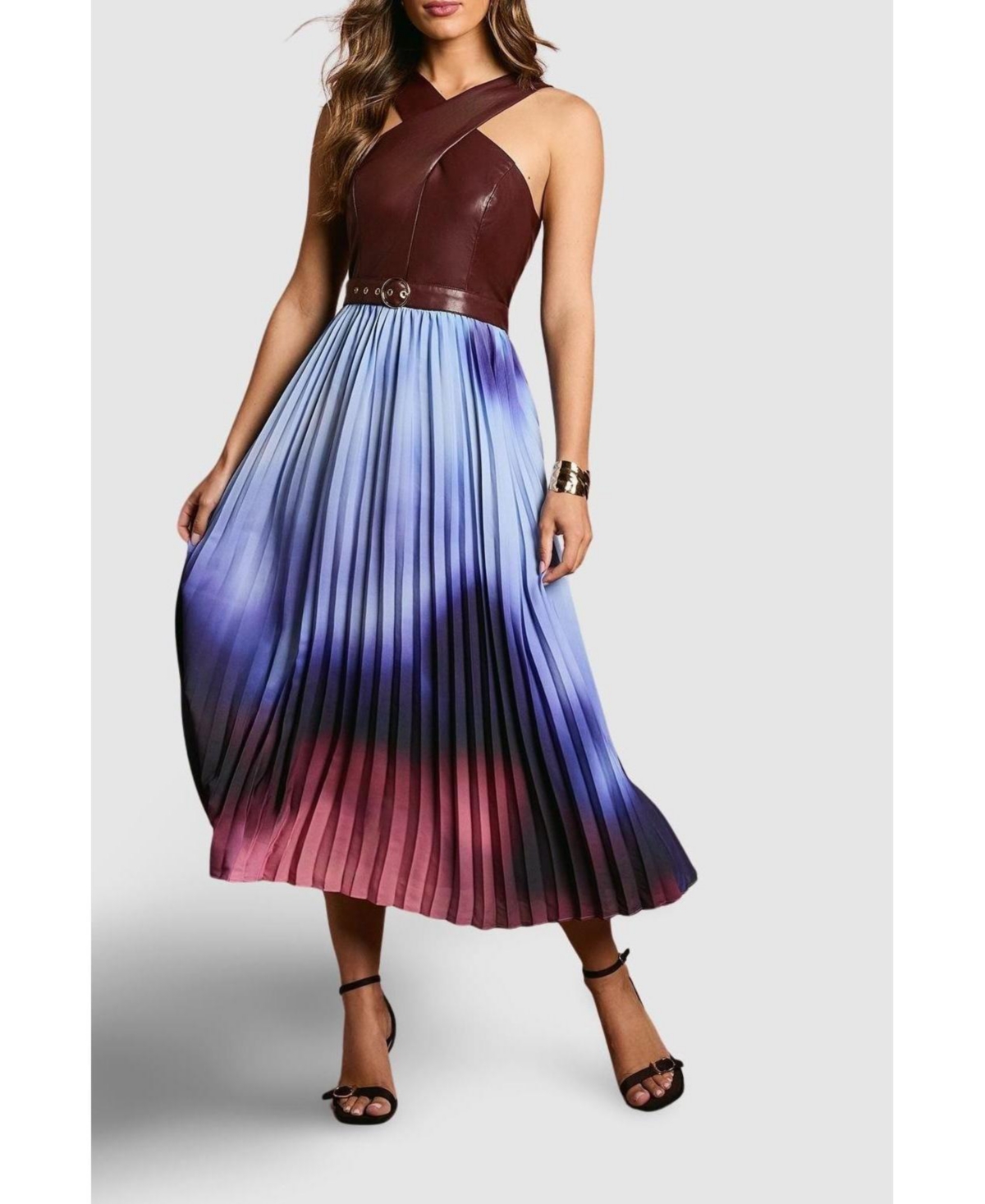 Coast Women's Pu Cross Neck Belted Midi Dress