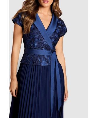 Women's Lace Wrap Top Pleat Tux Midi Dress
