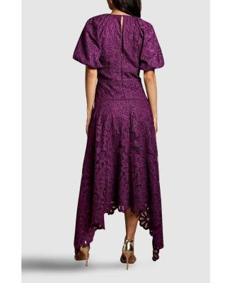 Women's Lace Hanky Hem Puff Sleeve Dress