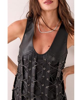 Women's Eyelet Lace Up Faux Leather Mini Dress