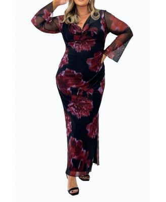 Women's Cowl Neck Mesh Flare Sleeve Maxi Dress