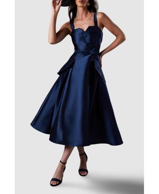 Women's Tan Twill Belted Volume Midi Dress