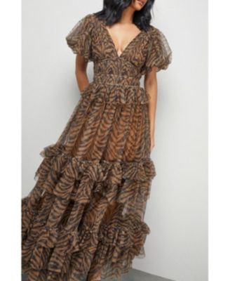 Women's Zebra Print Tulle Ruffle Maxi Dress
