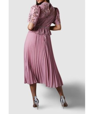 Women's Lace Top Pleat Skirt Jewel Button Dress.
