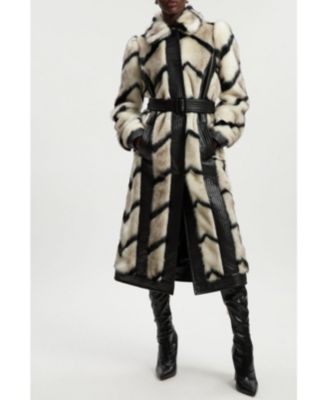 Women's Stripe Faux Fur Belted Long Coat