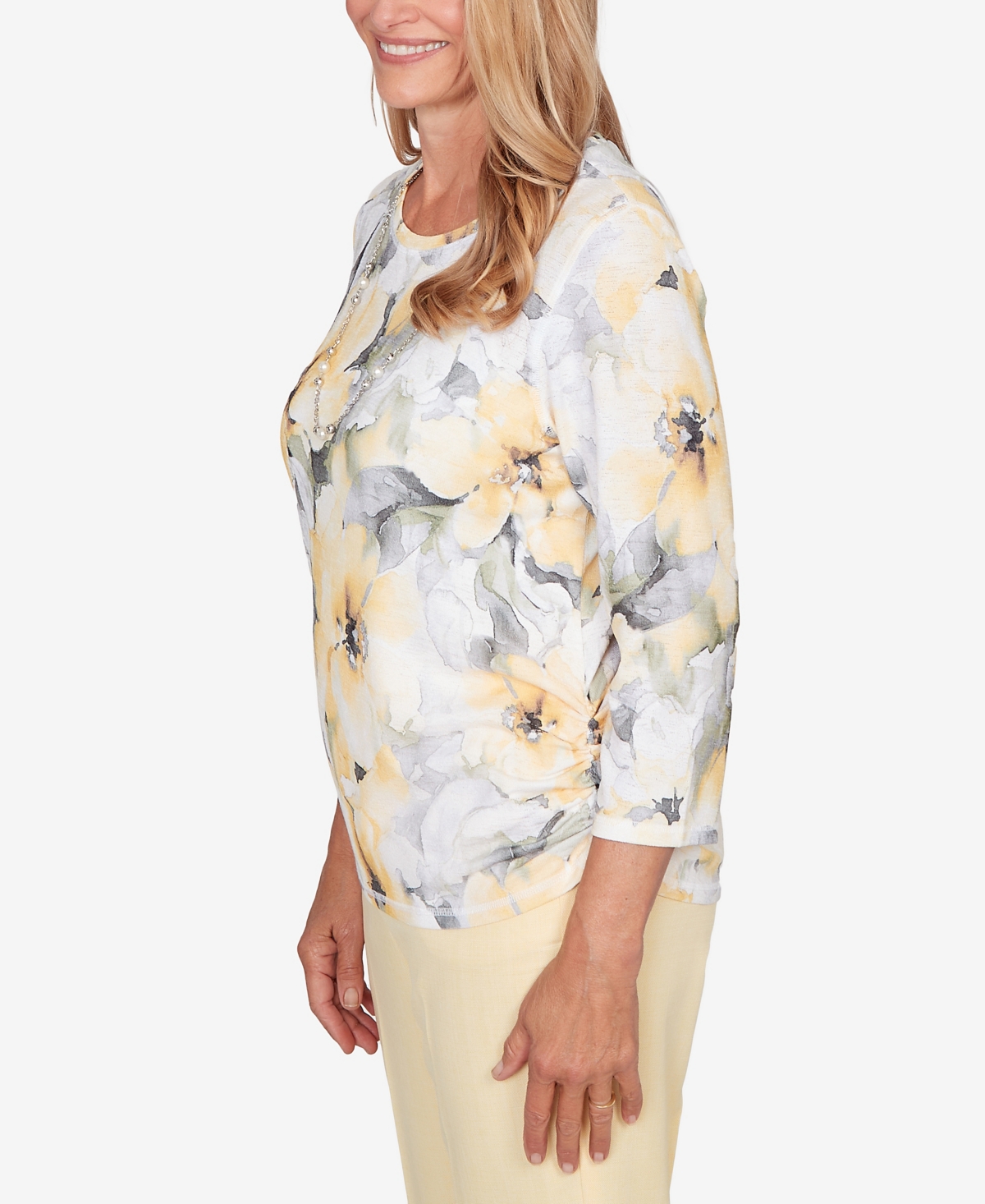 Alfred Dunner Women's Al Fresco Watercolor Floral Side Ruched Top with Necklace