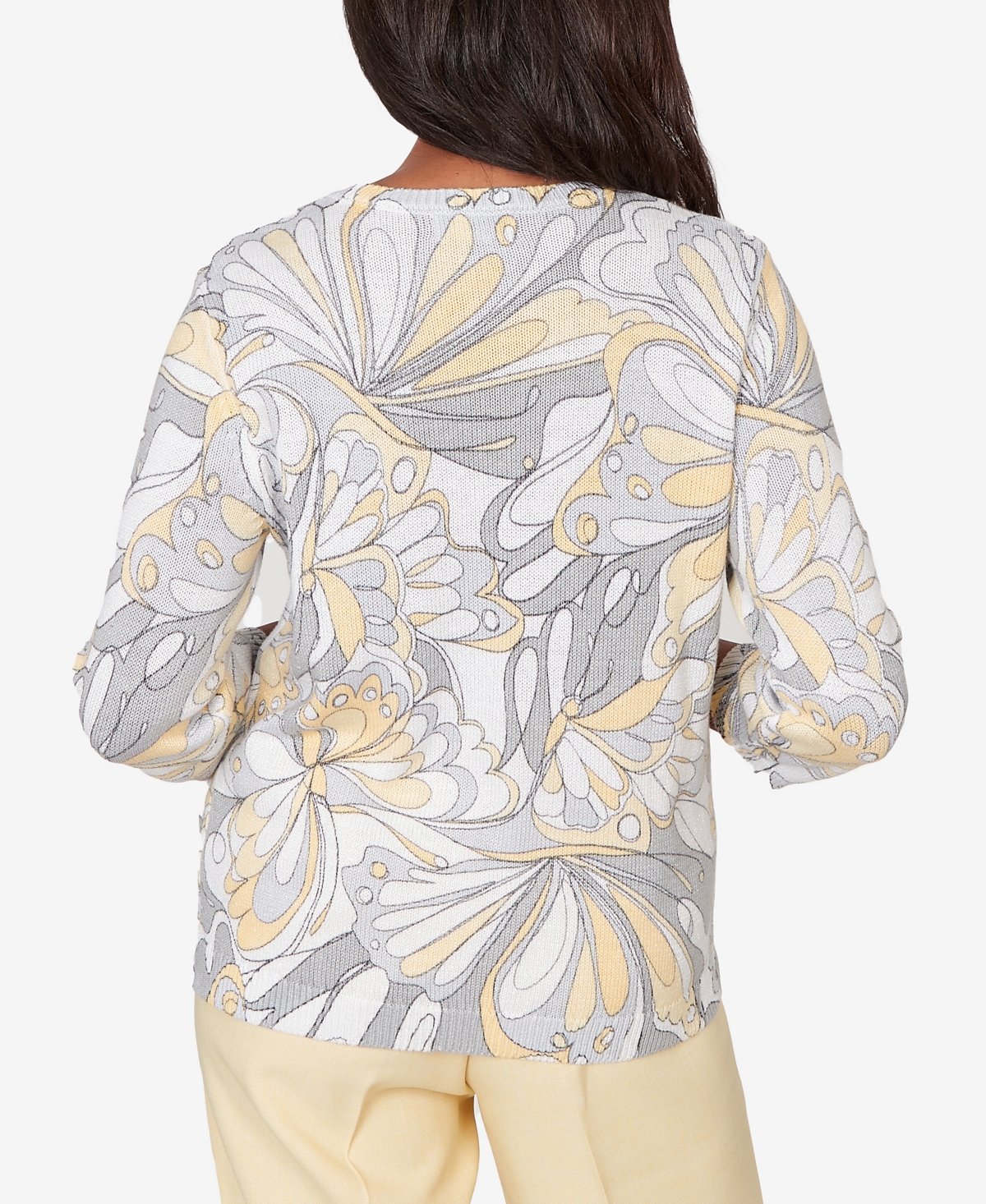 Alfred Dunner Women's Al Fresco Abstract Butterfly Ribbed Crew Neck Sweater