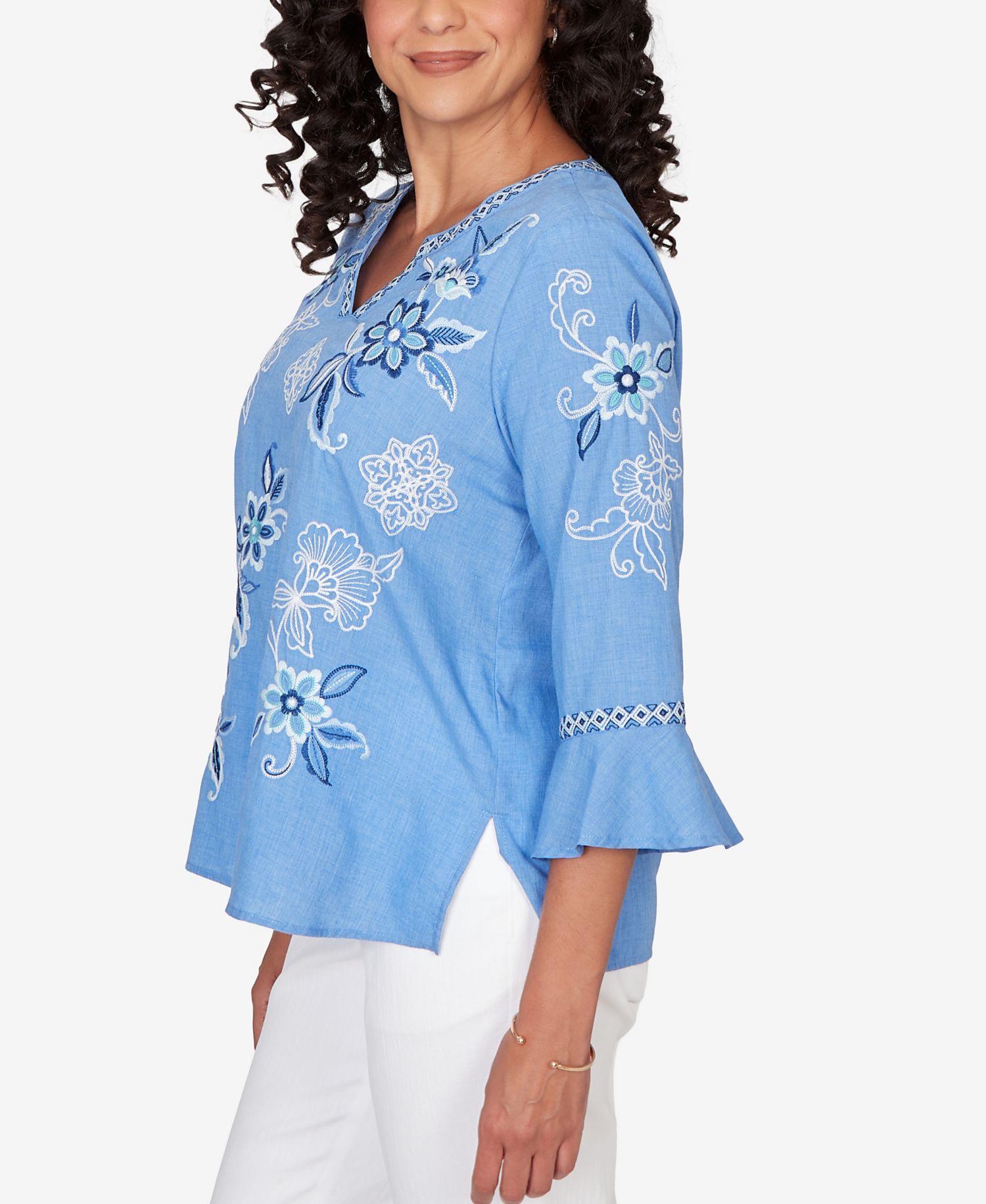 Women's Mykonos Floral Textured Embroidered Split Neck Top