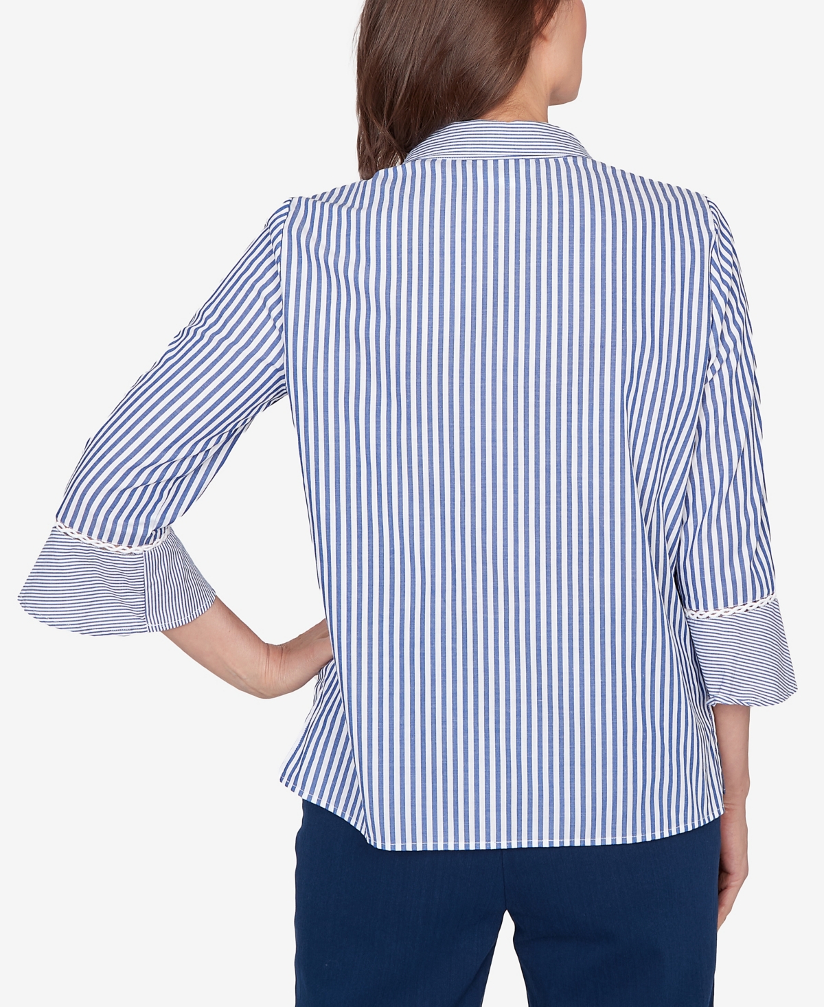 Alfred Dunner Women's Mykonos Mixed Stripe Button Front Lace Trim Top